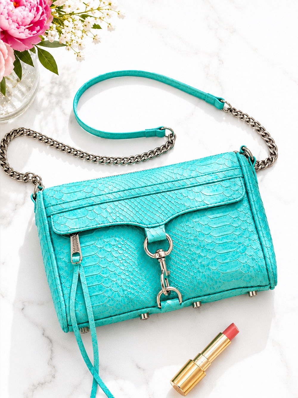 Rebecca Minkoff Mini M.A.C. Python Embossed Leather Crossbody Bag Turquoise
